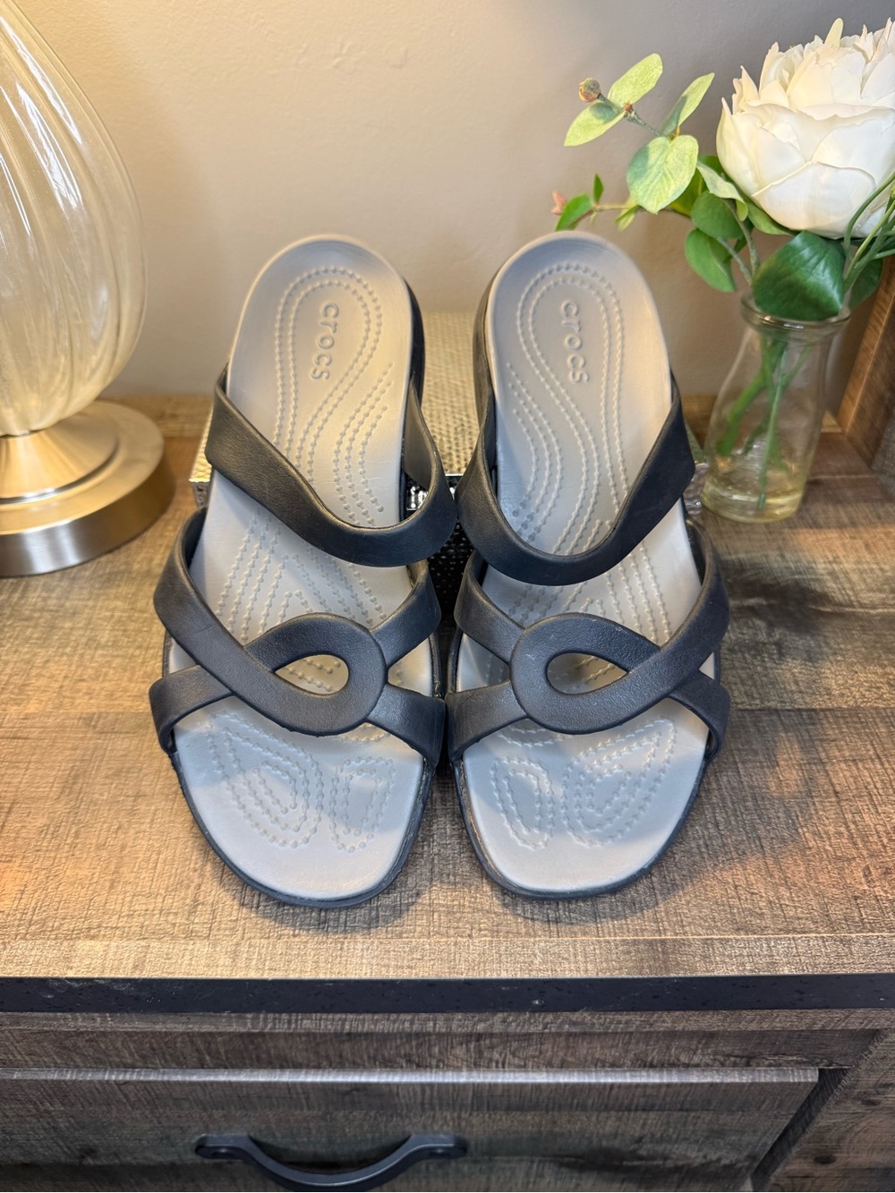 Crocs Women’s Navy Strappy Slide Sandals Comfort Wedge Slip On Size 10